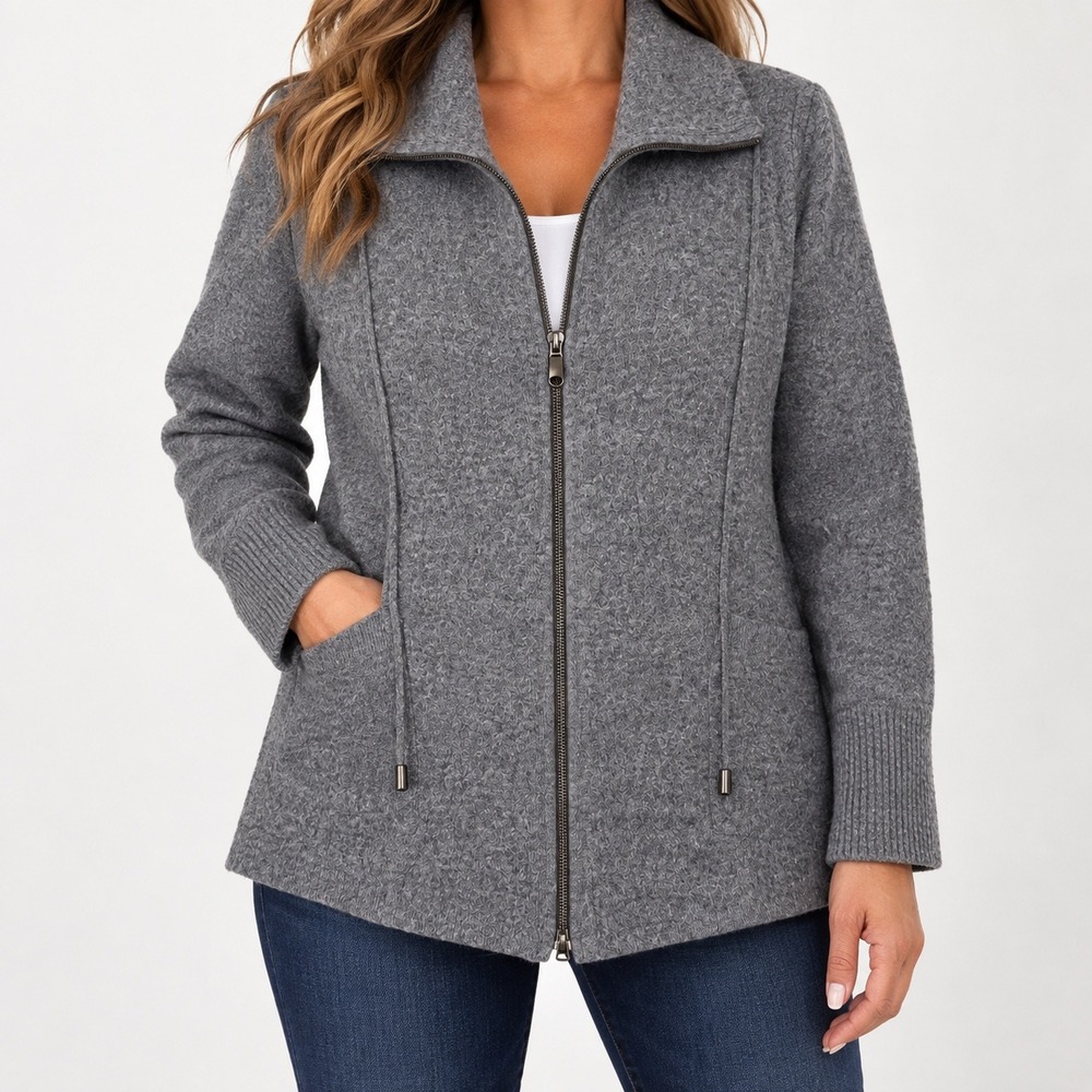 Ellen Tracy Gray 100% Wool Zip Up Cardigan Sweater Mock Neck Pockets Womens M